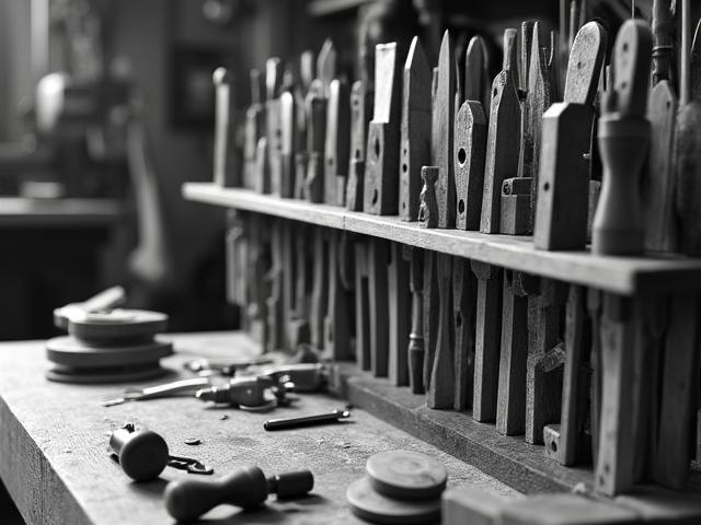 Orderly luthier workshop with vintage wood and chisels